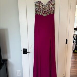 Strapless Beaded Bodice Fuchsia Evening Gown